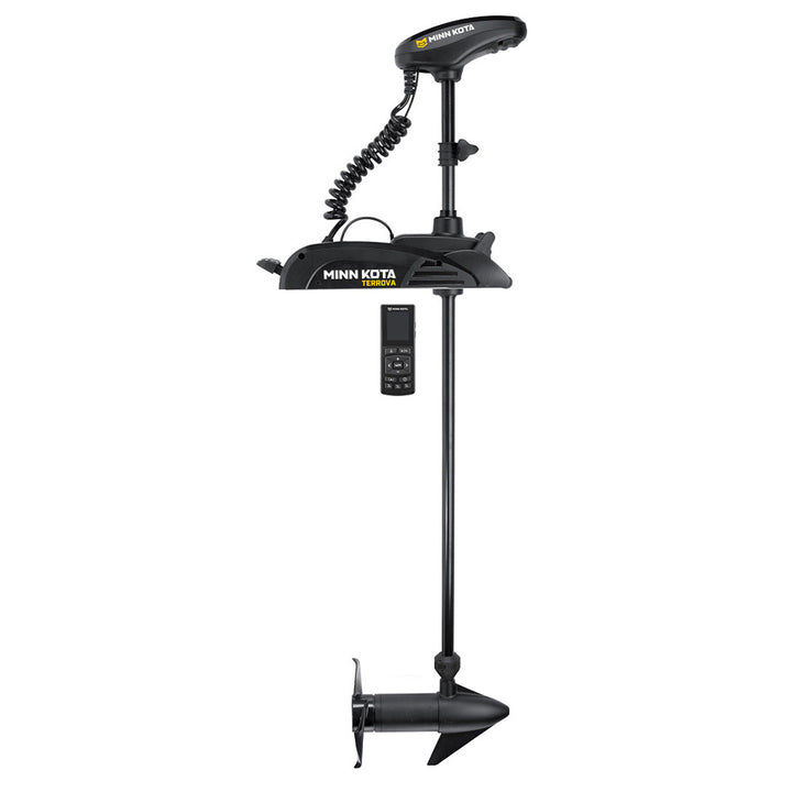 Minn Kota Terrova 55 trolling motor with wireless remote, 12V, 55 lb thrust, 54-inch shaft, used on a boat.