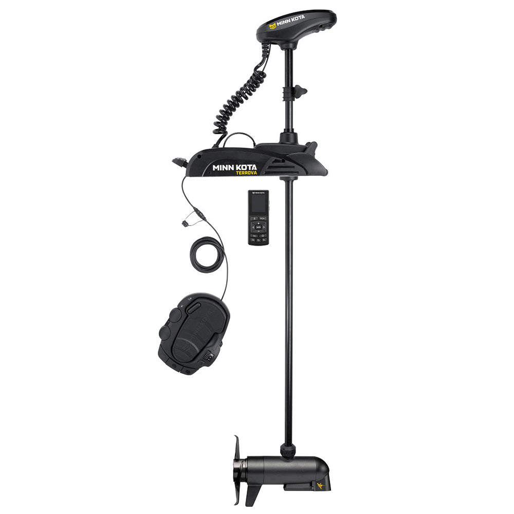 Minn Kota Terrova 80 trolling motor with wireless remote, Mega Down Imaging, 24V, 80lb thrust, 45-inch shaft on boat.