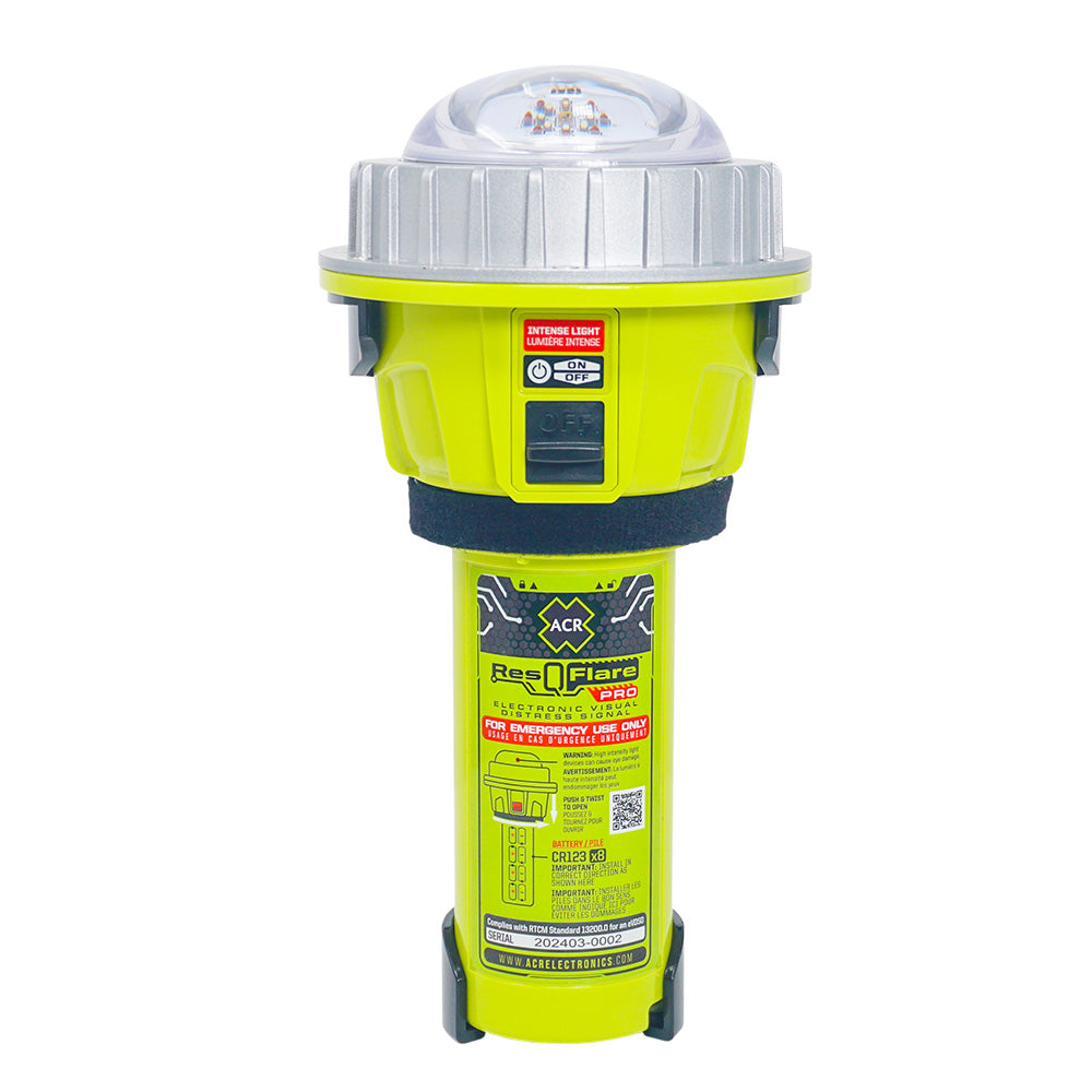 ACR ResQFlare PRO safety light, compact and durable, designed for emergency signaling on life jackets or safety gear.
