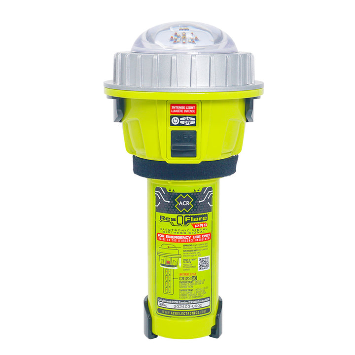 ACR ResQFlare PRO safety light, compact and durable, designed for emergency signaling on life jackets or safety gear.