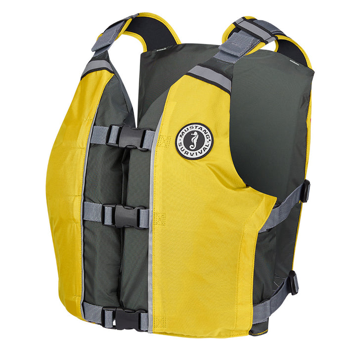 Yellow and grey Mustang APF Foam Vest, a universal personal flotation device by Mustang Survival, shown on a plain background.