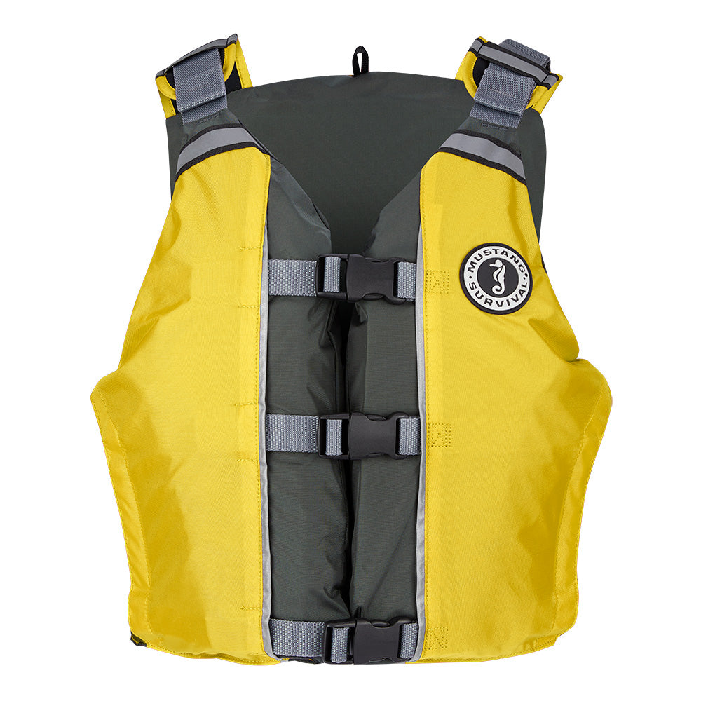 Mustang Survival APF Foam Vest in yellow and grey, universal personal flotation device for safety and buoyancy.