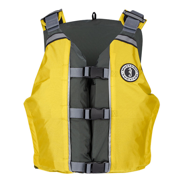 Mustang Survival APF Foam Vest in yellow and grey, universal personal flotation device for safety and buoyancy.