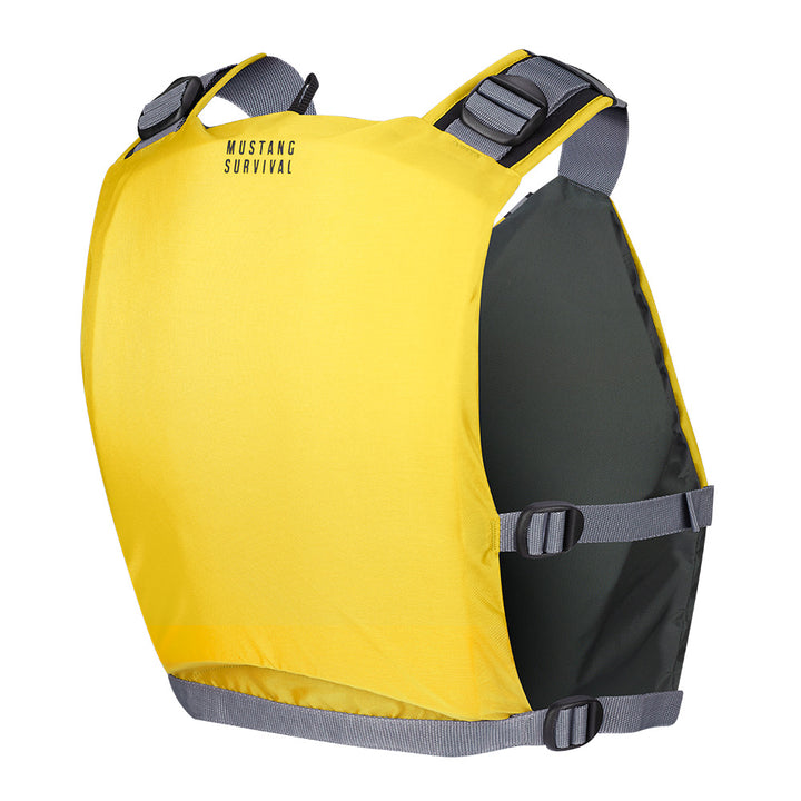 Yellow and grey Mustang APF Foam Vest personal flotation device, Universal size, designed for safety and comfort.