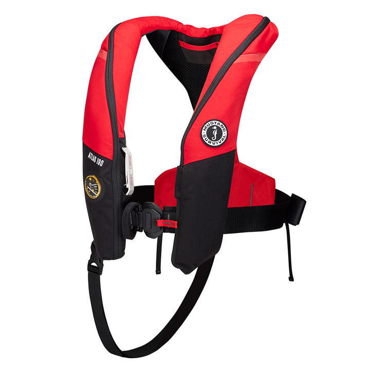Mustang Atlas 190 DLX open ocean inflatable PFD in red and black, personal flotation device by Mustang Survival.