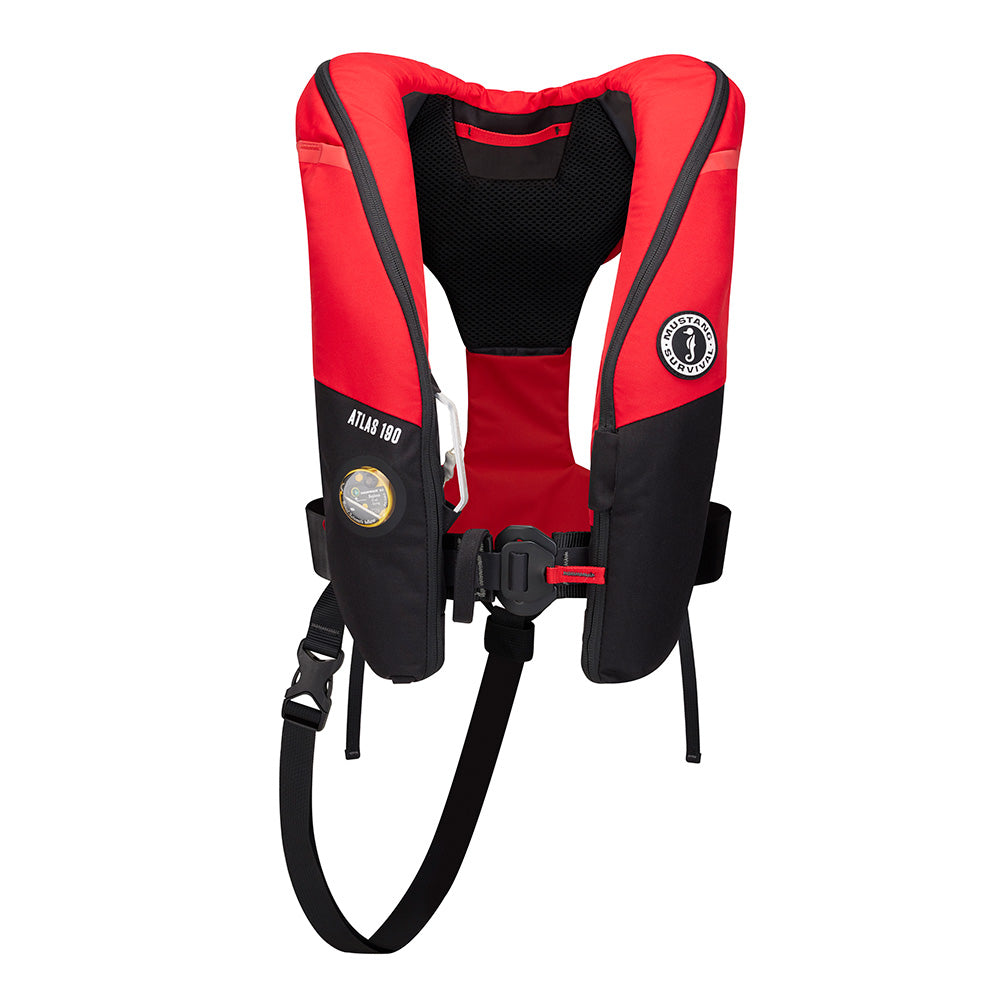 Mustang Atlas 190 DLX Open Ocean Inflatable PFD in red and black, personal flotation device by Mustang Survival, inflated for safety.