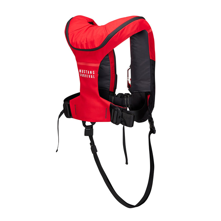Mustang Atlas 190 DLX Open Ocean Inflatable PFD in red and black with adjustable straps and safety features, designed for personal flotation.