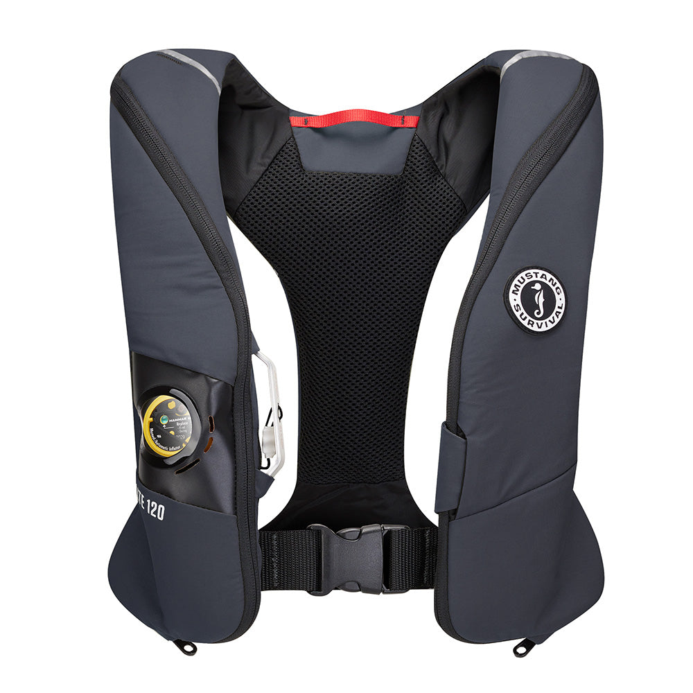 Mustang Elite 120 Coastal inflatable PFD by Mustang Survival, Admiral Grey personal flotation device with safety features.