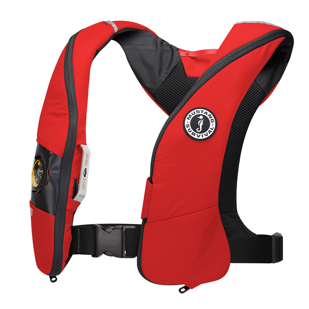 Mustang Elite 120 Coastal Inflatable PFD personal flotation device in red, designed for safety and comfort on the water.
