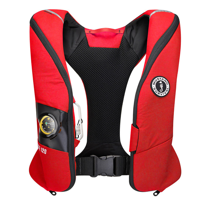Mustang Elite 120 Coastal Inflatable PFD in red, Mustang Survival personal flotation device with adjustable straps and safety features.