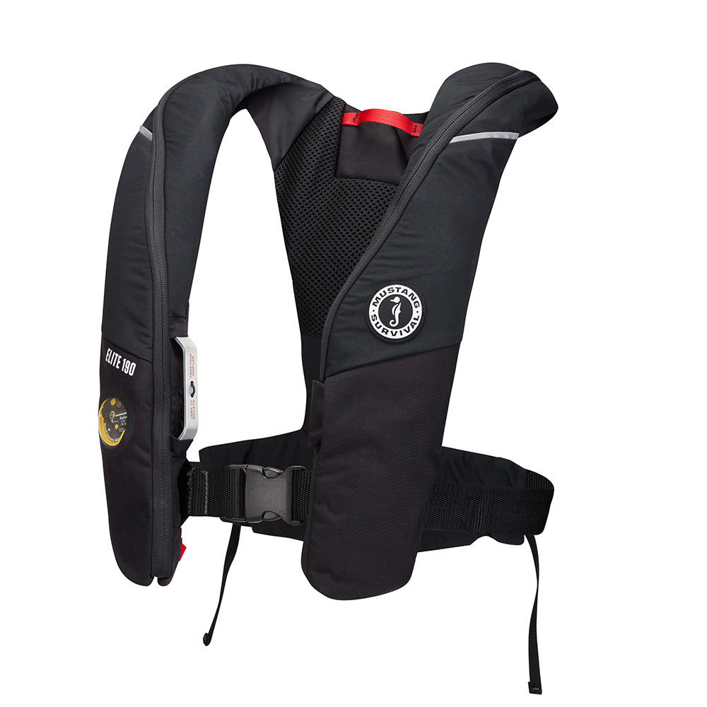 Mustang Elite 190 Offshore Inflatable PFD in black, personal flotation device by Mustang Survival, featuring adjustable straps and safety features.