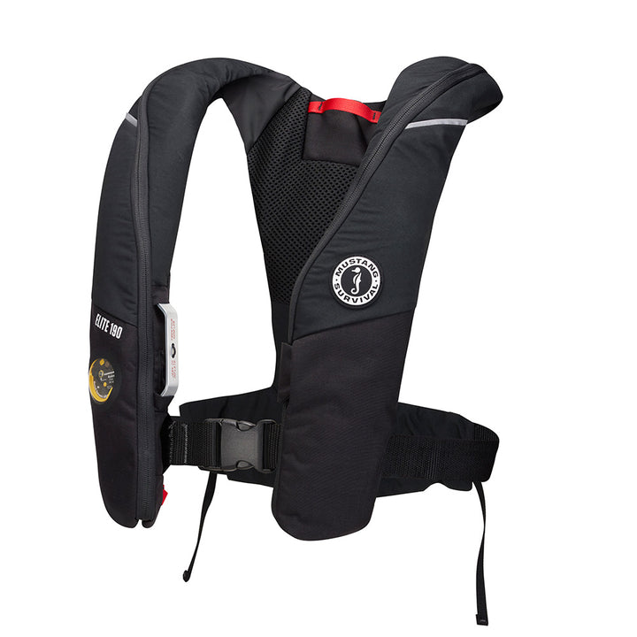 Mustang Elite 190 Offshore Inflatable PFD in black, personal flotation device by Mustang Survival, featuring adjustable straps and safety features.