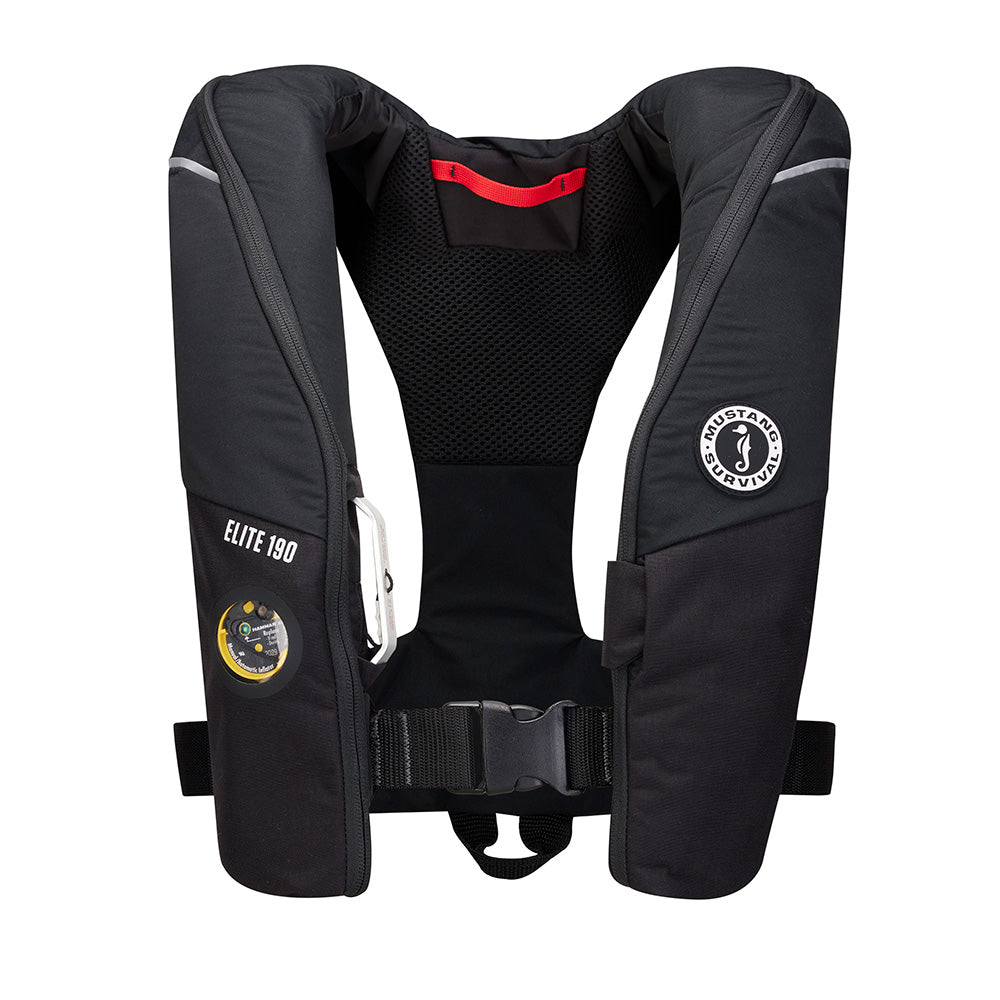 Mustang Elite 190 Offshore Inflatable PFD in black, Mustang Survival personal flotation device with safety straps and inflation mechanism.