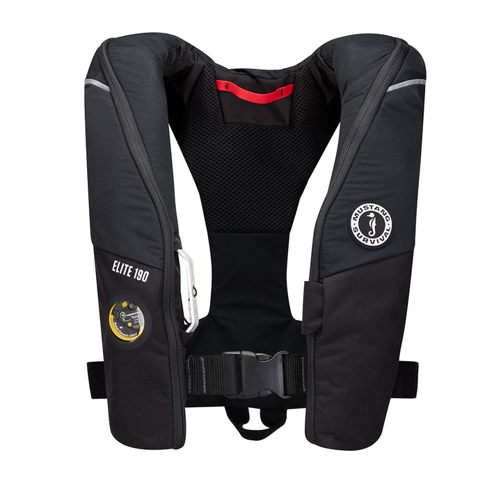 Mustang Elite 190 Offshore Inflatable PFD in black, Mustang Survival personal flotation device with safety straps and inflation mechanism.