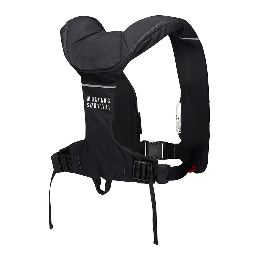 Mustang Survival Mustang Elite 190 Offshore inflatable PFD in black, a personal flotation device designed for offshore safety.