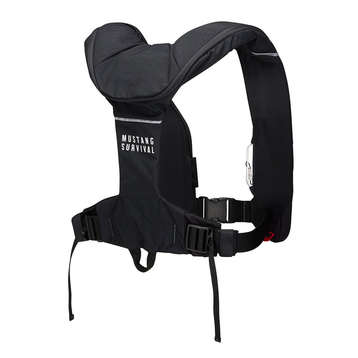 Mustang Survival Mustang Elite 190 Offshore inflatable PFD in black, a personal flotation device designed for offshore safety.
