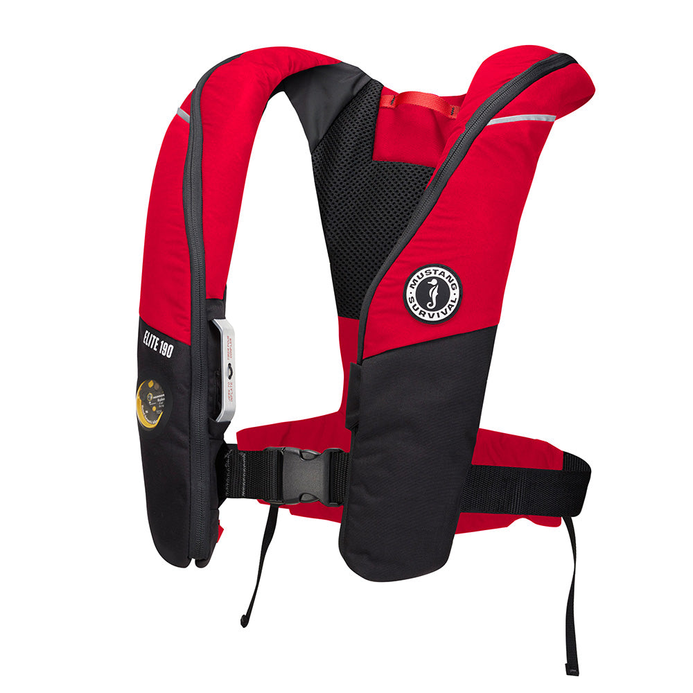 Mustang Elite 190 Offshore Inflatable PFD in red and black, Mustang Survival personal flotation device for offshore safety.