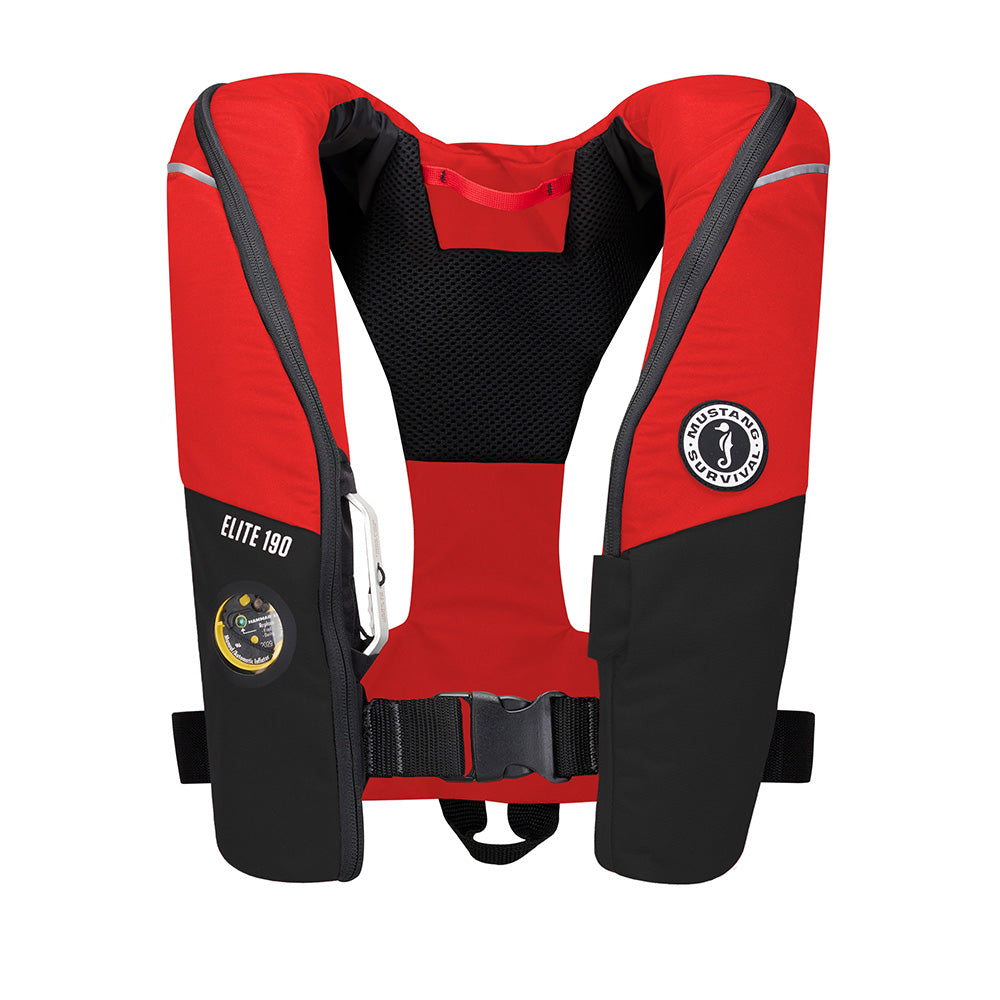 Mustang Elite 190 Offshore Inflatable Personal Flotation Device in red and black by Mustang Survival, designed for safety and comfort.