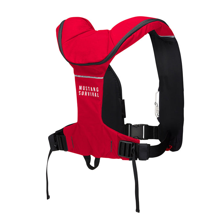 Mustang Elite 190 Offshore Inflatable PFD in red and black, Mustang Survival personal flotation device with adjustable straps.