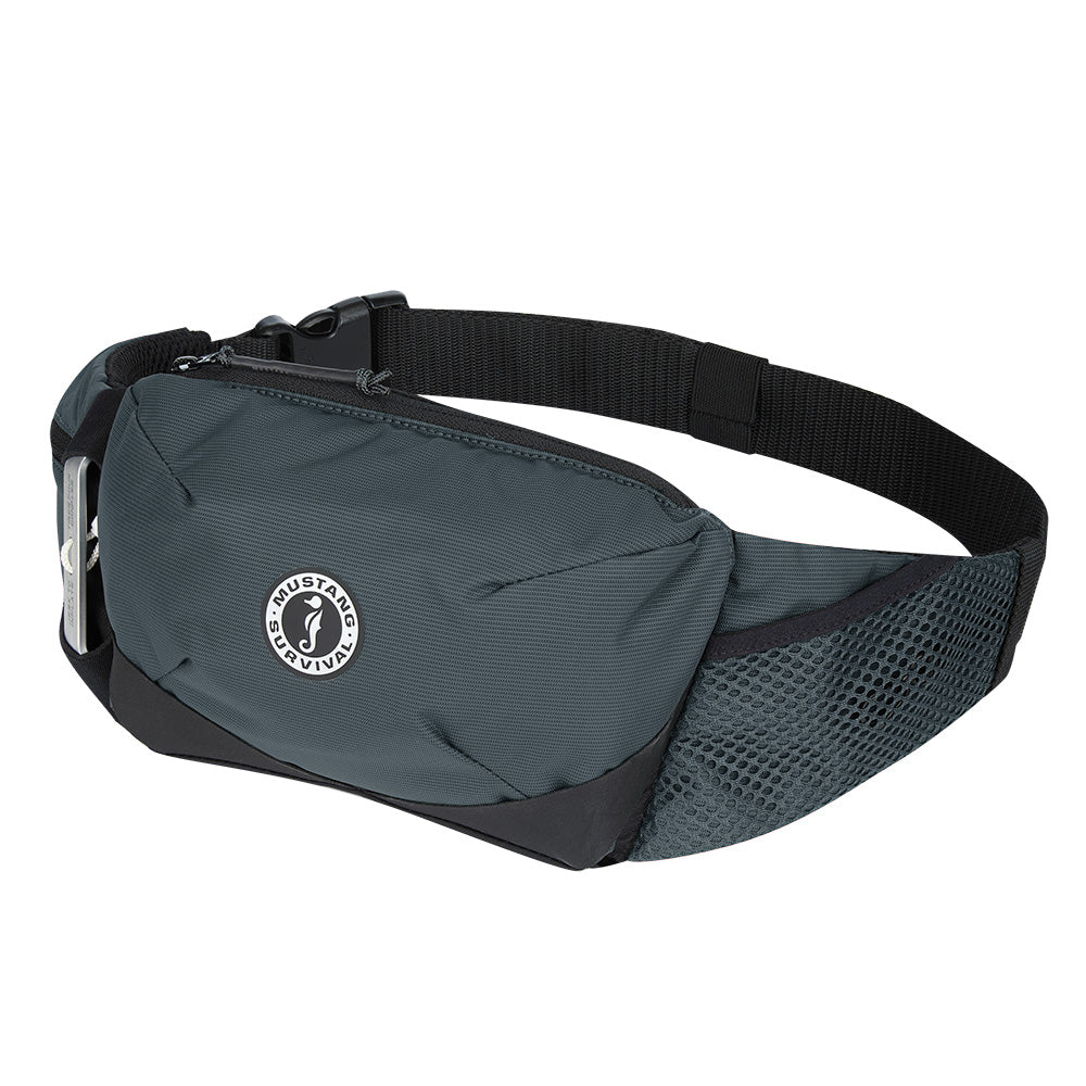 Mustang Survival Essentialist Manual Inflatable Belt Pack in Admiral Grey, personal flotation device with adjustable strap.