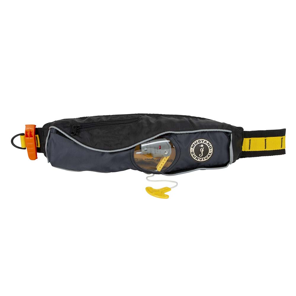 Mustang Survival Fluid 2.0 Inflatable Belt Pack personal flotation device in black and grey with manual inflation.