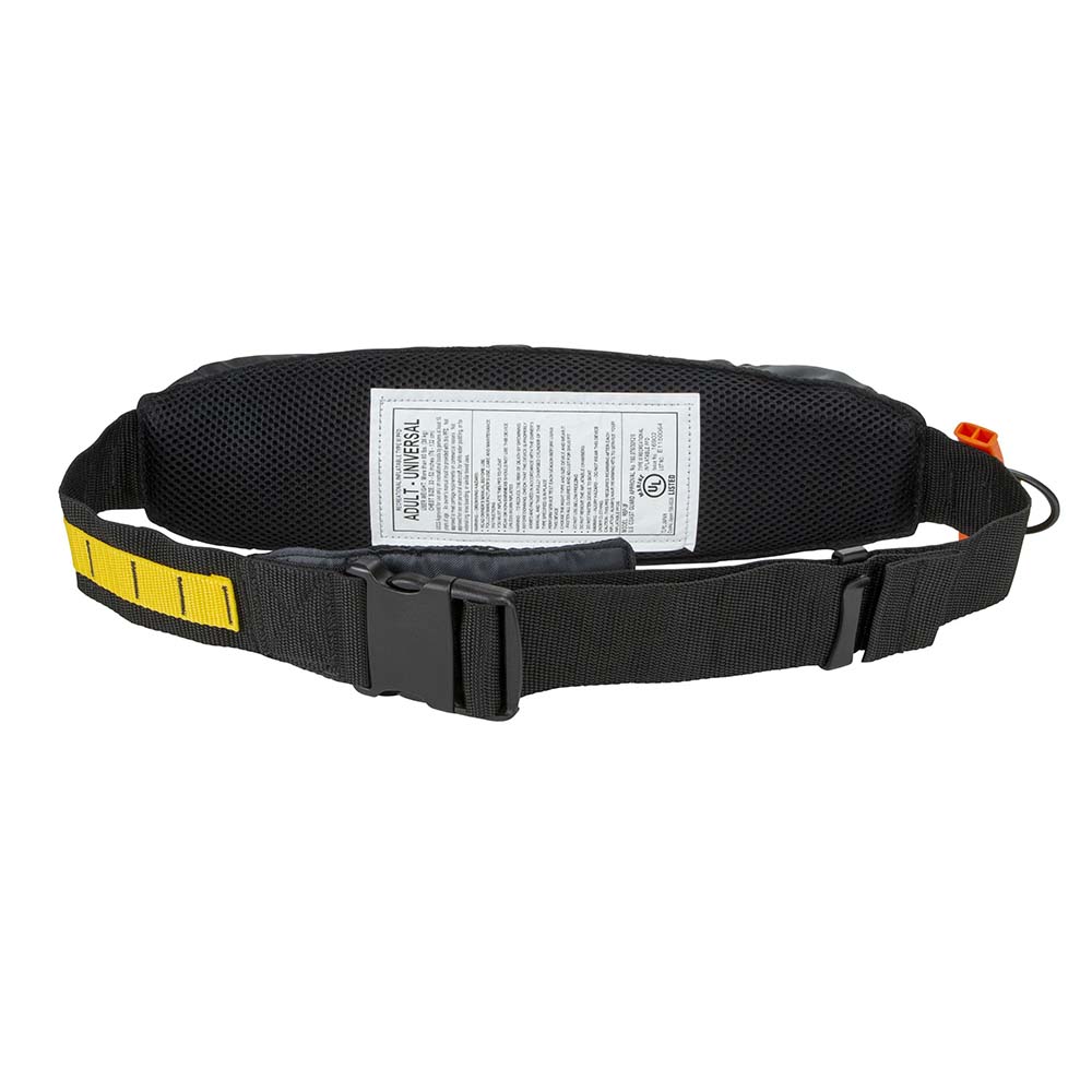 Mustang Fluid 2.0 Inflatable Belt Pack personal flotation device in black and grey, with manual inflation mechanism by Mustang Survival.