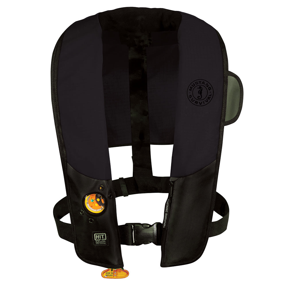 Mustang Survival HIT Inflatable PFD for law enforcement in black, automatic and manual personal flotation device on a plain background.