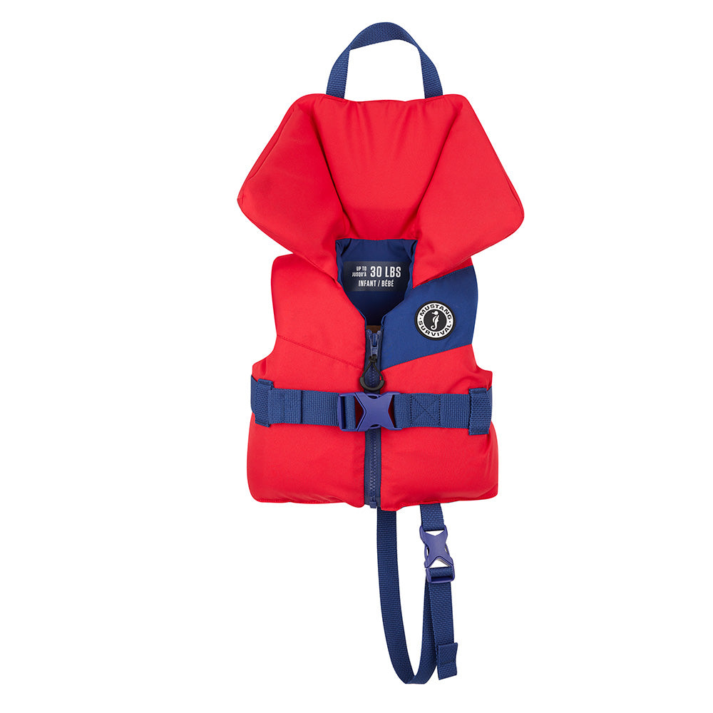 Mustang Lil' Legends infant foam vest in red and navy, designed as a personal flotation device for young children.