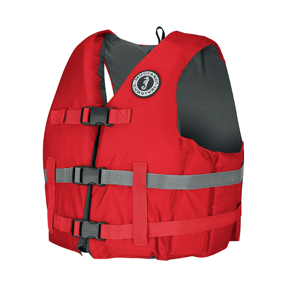Mustang Livery Foam Vest in red, M/L size, a personal flotation device designed for safety and comfort.