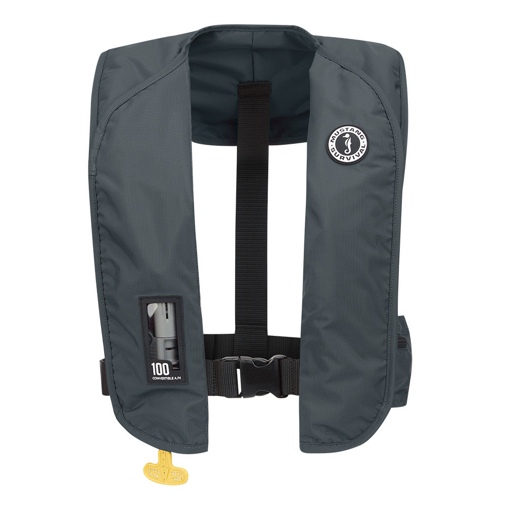 Mustang MIT 100 Convertible Inflatable PFD in Admiral Grey, personal flotation device by Mustang Survival, shown inflated and ready for use.
