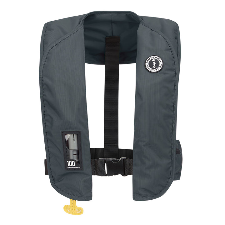 Mustang MIT 100 Convertible Inflatable PFD in Admiral Grey, personal flotation device by Mustang Survival, shown inflated and ready for use.