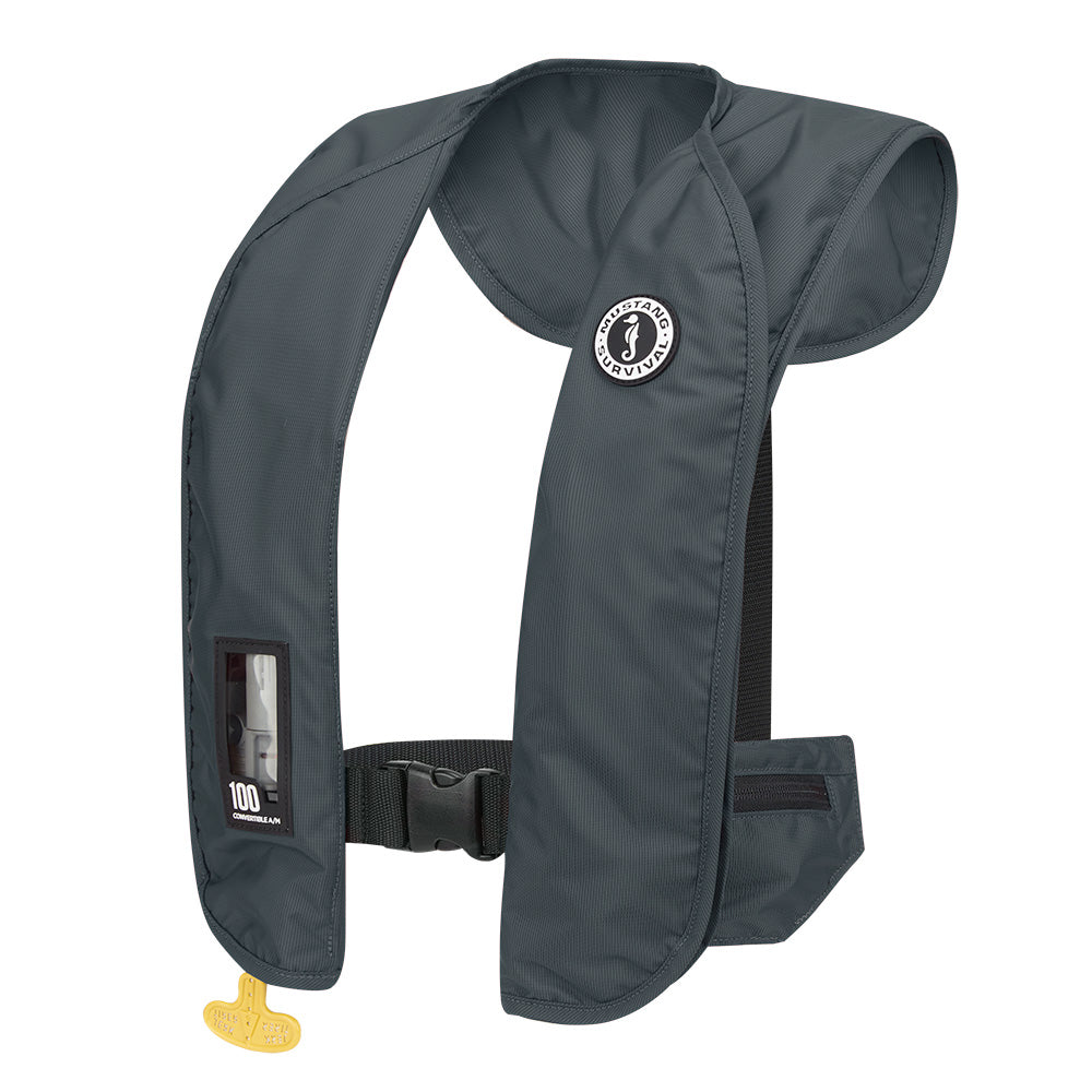 Mustang MIT 100 Convertible Inflatable PFD in Admiral Grey, personal flotation device by Mustang Survival, outdoors on water.