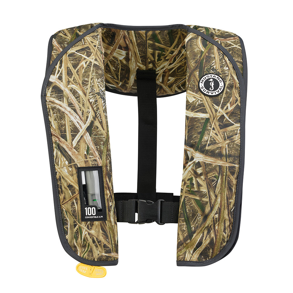 Mustang MIT 100 Convertible Inflatable PFD in camouflage, personal flotation device by Mustang Survival, designed for safety on the water.
