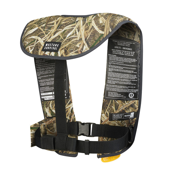Mustang MIT 100 Convertible Inflatable PFD in camouflage, personal flotation device from Mustang Survival, designed for safety on the water.