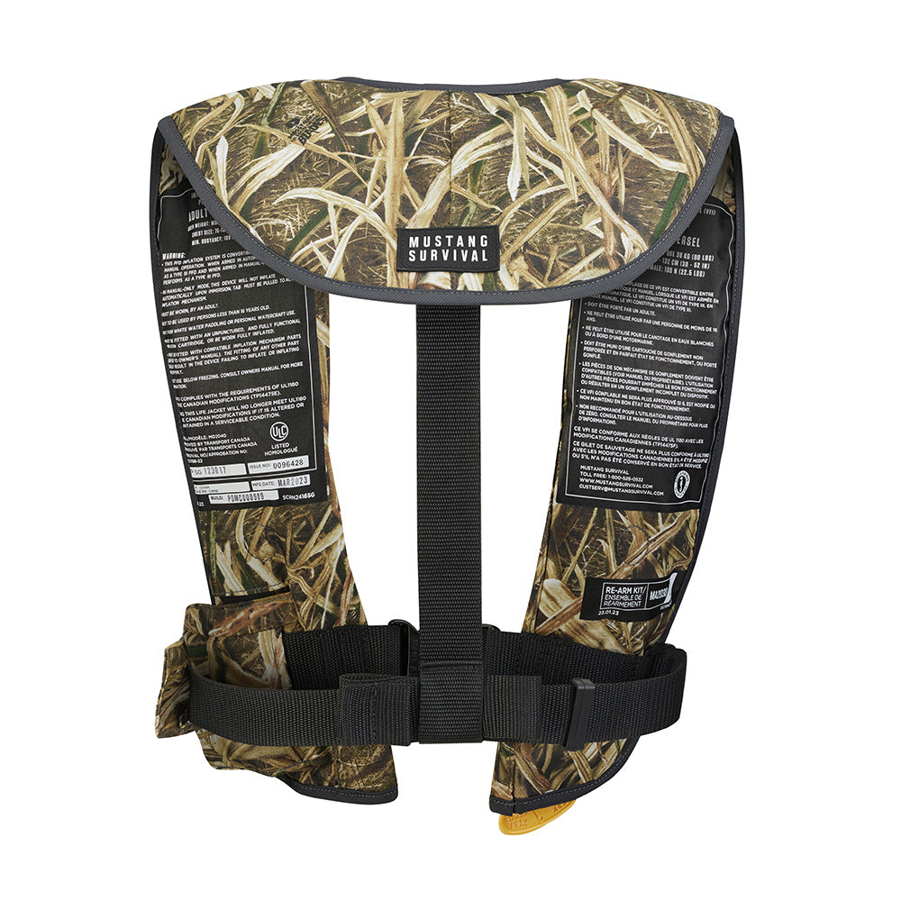 Mustang MIT 100 Convertible Inflatable PFD in camo, Mustang Survival personal flotation device with adjustable straps and inflator.