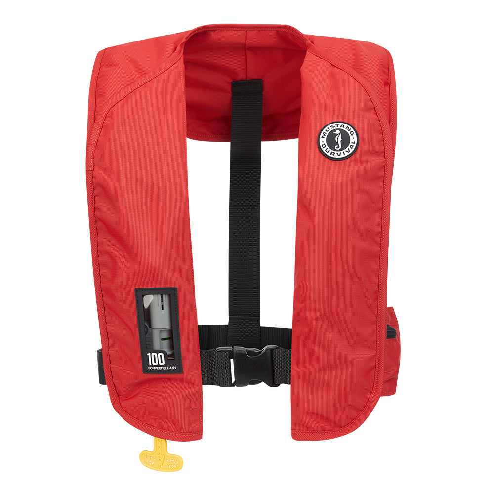 Red Mustang MIT 100 Convertible Inflatable Personal Flotation Device by Mustang Survival, shown inflated and ready for use.