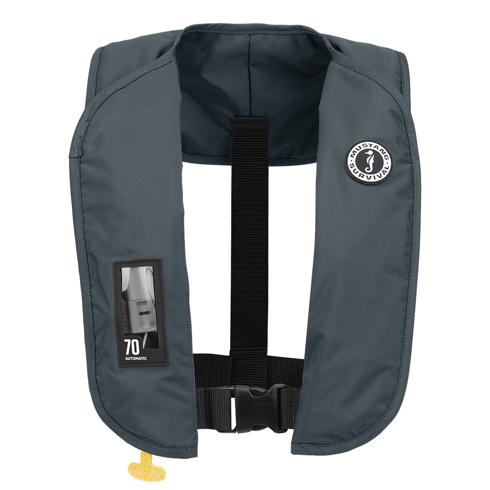 Mustang MIT 70 automatic inflatable personal flotation device in Admiral Gray by Mustang Survival, designed for safety on the water.