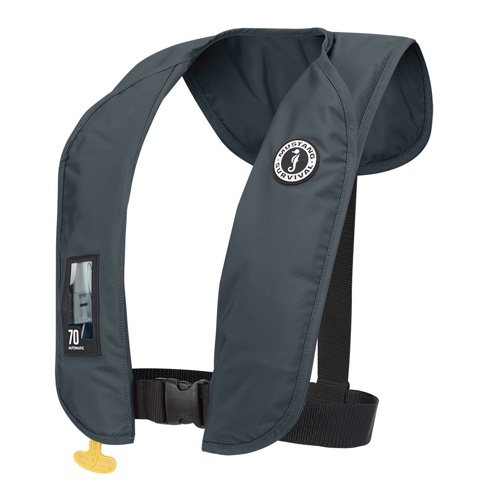 Mustang MIT 70 Automatic Inflatable PFD personal flotation device in Admiral Gray by Mustang Survival, designed for safety and comfort.