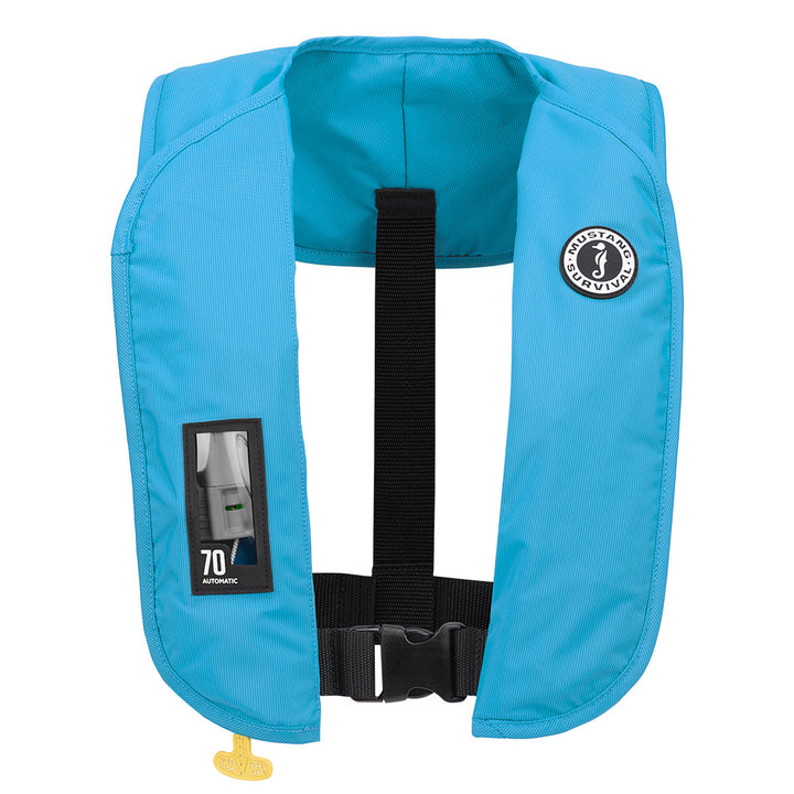 Mustang MIT 70 automatic inflatable personal flotation device in blue, designed for safety and comfort on the water.