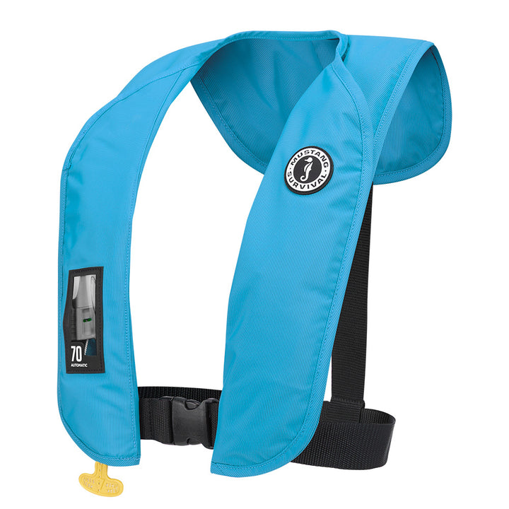 Mustang MIT 70 Automatic Inflatable PFD in azure blue, Mustang Survival personal flotation device with automatic inflation feature.