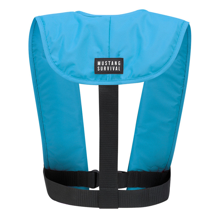 Mustang MIT 70 automatic inflatable PFD in azure blue, personal flotation device with reflective details and adjustable straps.