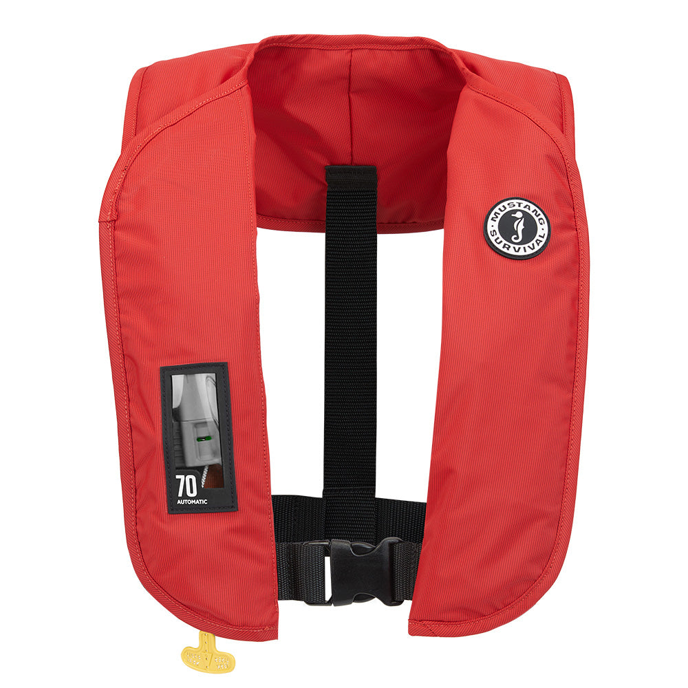 Mustang Survival MIT 70 Automatic Inflatable PFD in red, personal flotation device with safety buckles and inflator mechanism.