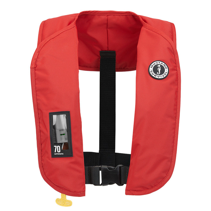 Mustang Survival MIT 70 Automatic Inflatable PFD in red, personal flotation device with safety buckles and inflator mechanism.
