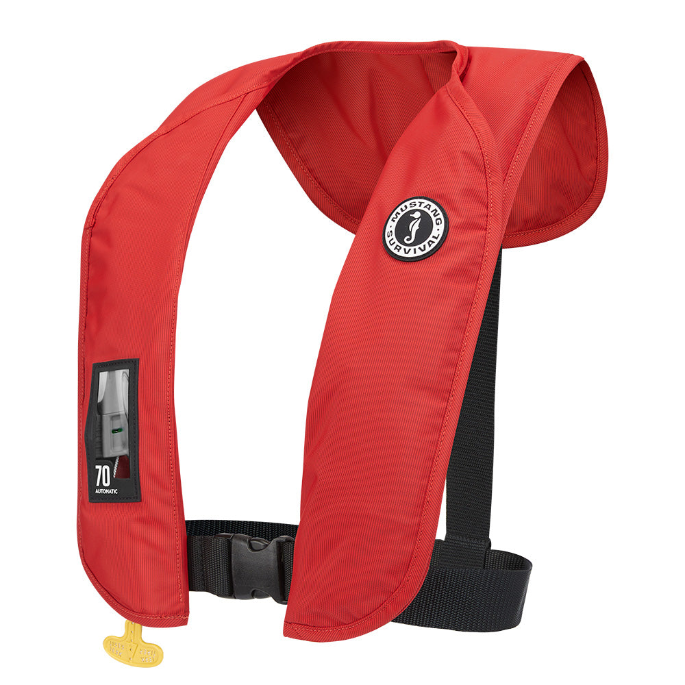 Mustang Survival MIT 70 Automatic Inflatable Personal Flotation Device in red, designed for safety and water activities.