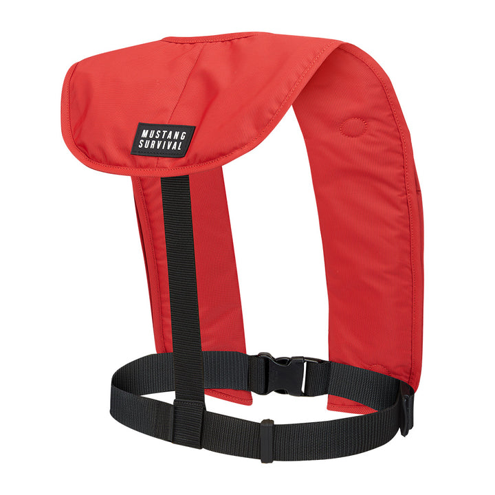 Mustang MIT 70 Automatic Inflatable PFD in red, a Mustang Survival personal flotation device with safety features.