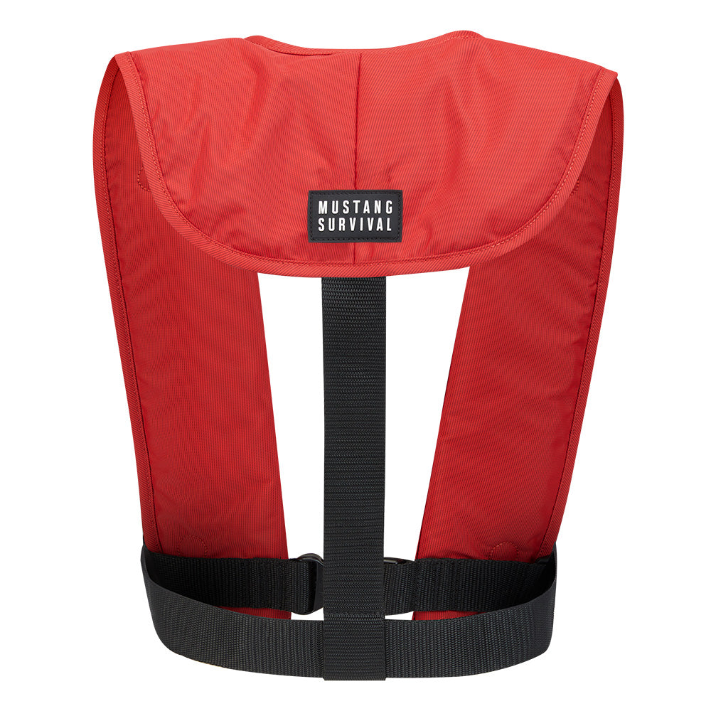 Mustang MIT 70 Automatic Inflatable PFD in red, Mustang Survival personal flotation device with safety features and adjustable straps.