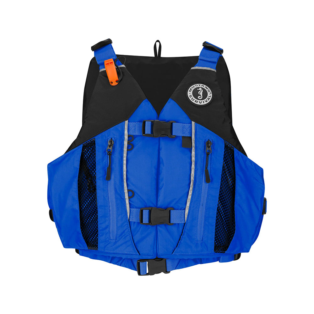 Mustang Solaris foam life vest in blue and black, size M/L, designed for personal flotation and safety on the water.