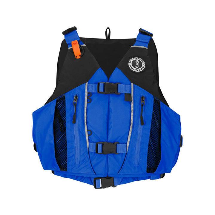 Mustang Solaris foam life vest in blue and black, size M/L, designed for personal flotation and safety on the water.
