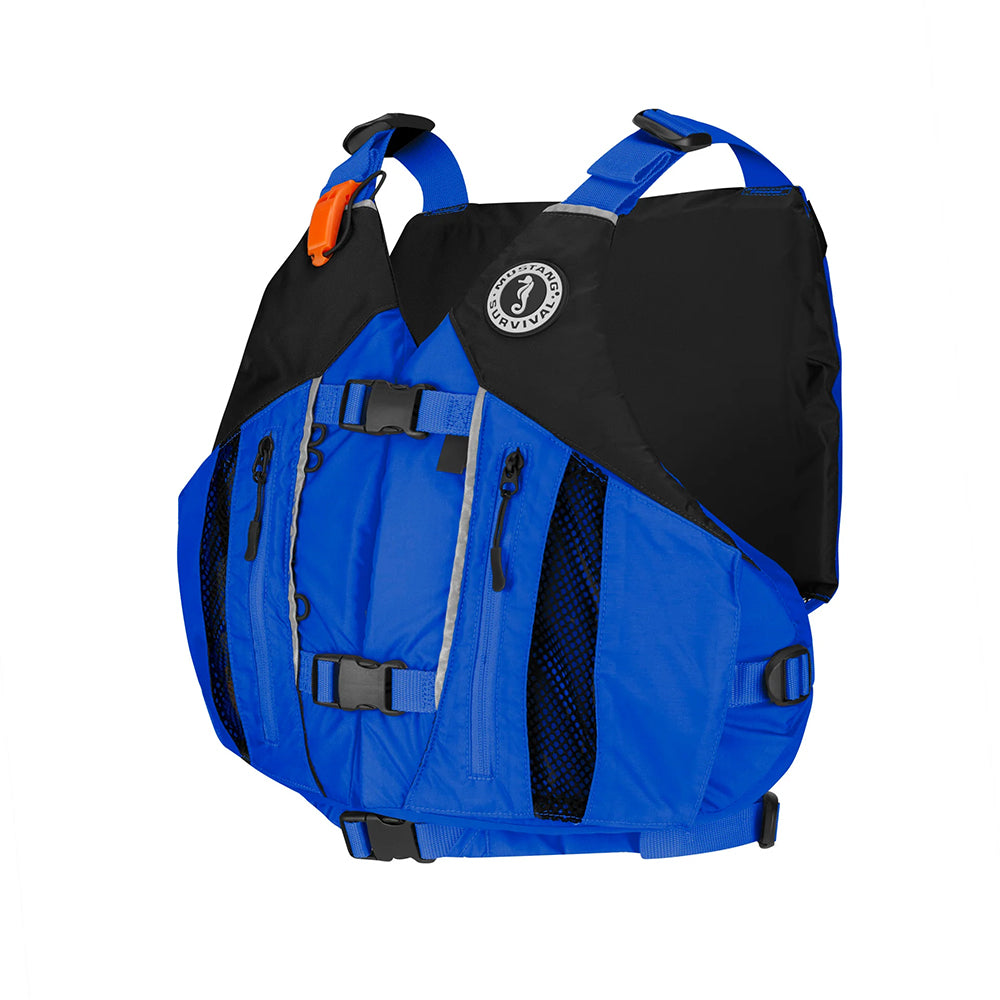 Mustang Solaris foam life vest in blue and black, M/L size, personal flotation device by Mustang Survival, shown on model.