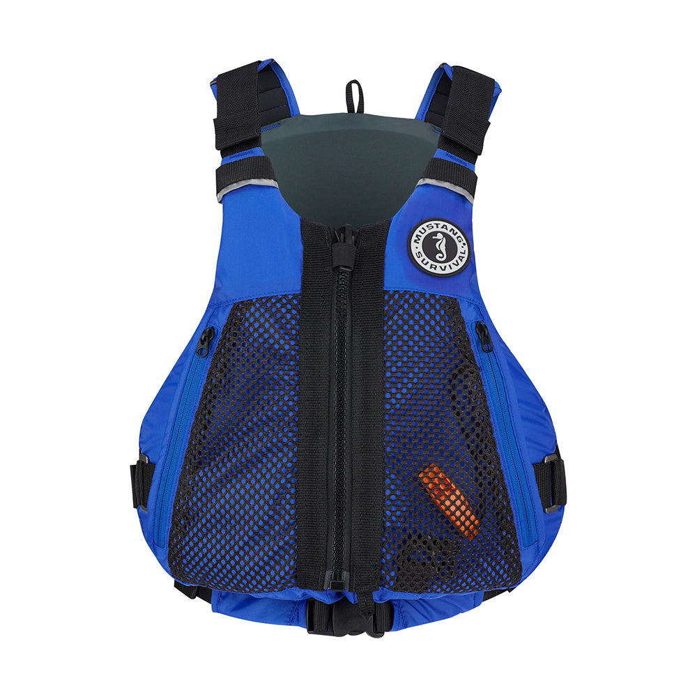 Mustang Trident Foam Vest in blue, S/M size, personal flotation device by Mustang Survival, shown on a mannequin.